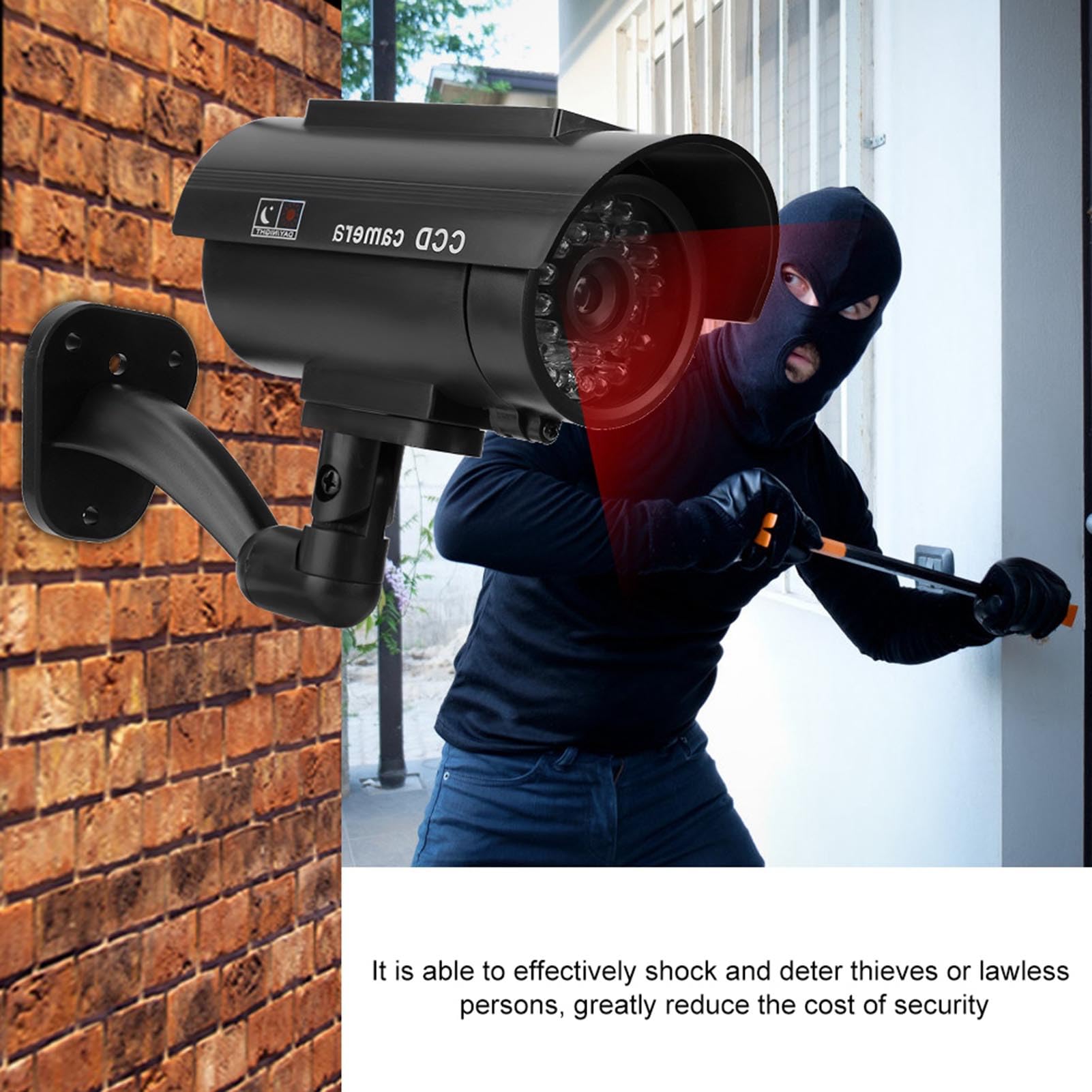 Cámara falsa, cámara solar simulada, cámara de seguridad ficticia, luz LED intermitente y pegatina de advertencia de seguridad para interiores y exteriores