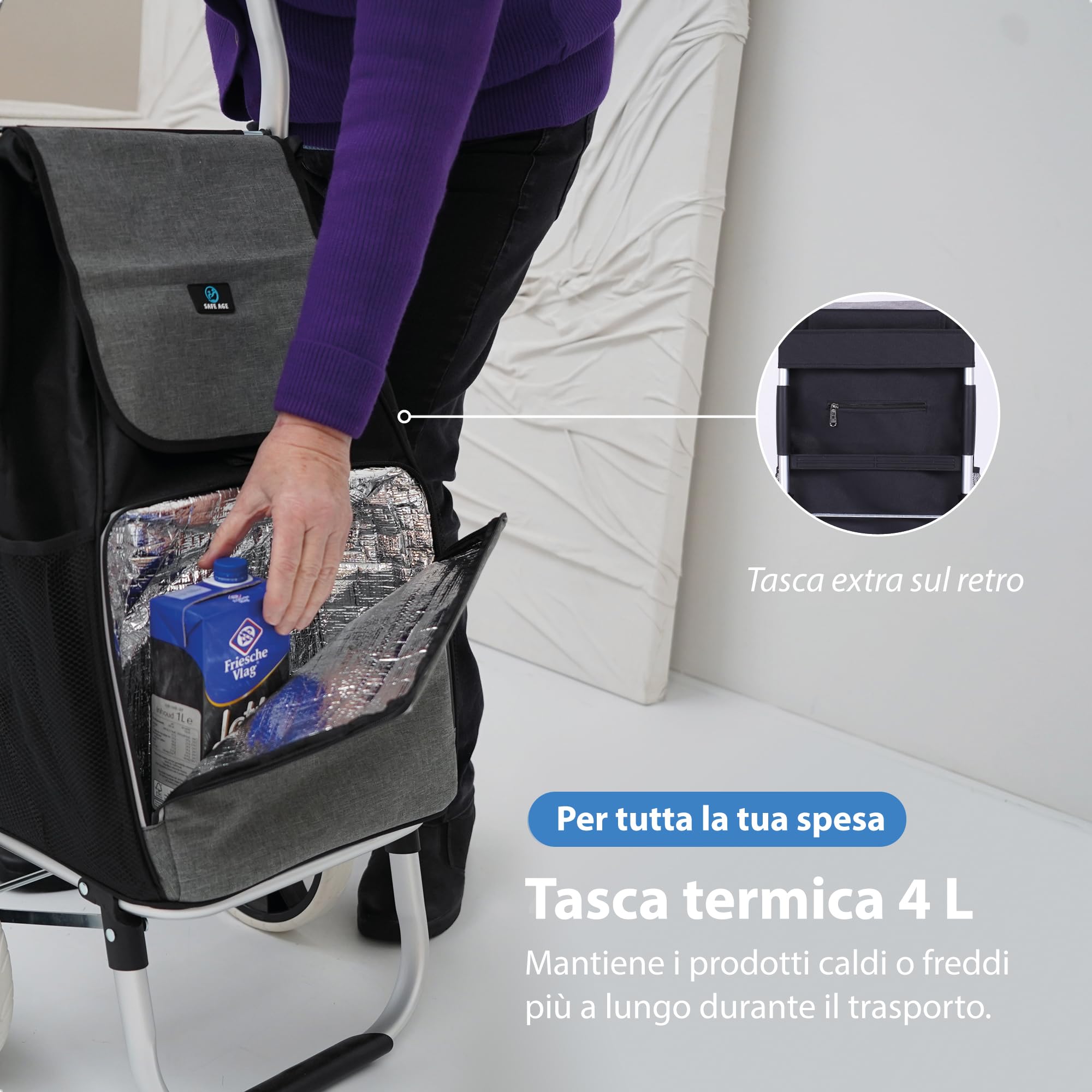 Safe Age Carrello Spesa con Ruote - Trolley Pieghevole da 45 Litri con Vano Frigorifero e Funzione Portatutto - Grigio