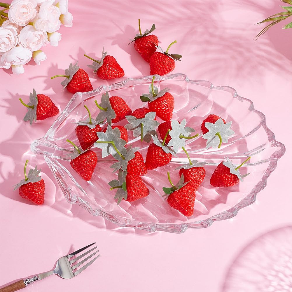 GORGECRAFT 20Pcs Artificial Strawberries Faux Realistic Strawberry with Green Stem Leaf Foam Miniature Red Lifelike Simulation Fruit Food Ornaments Display for Photography Prop Home Kitchen