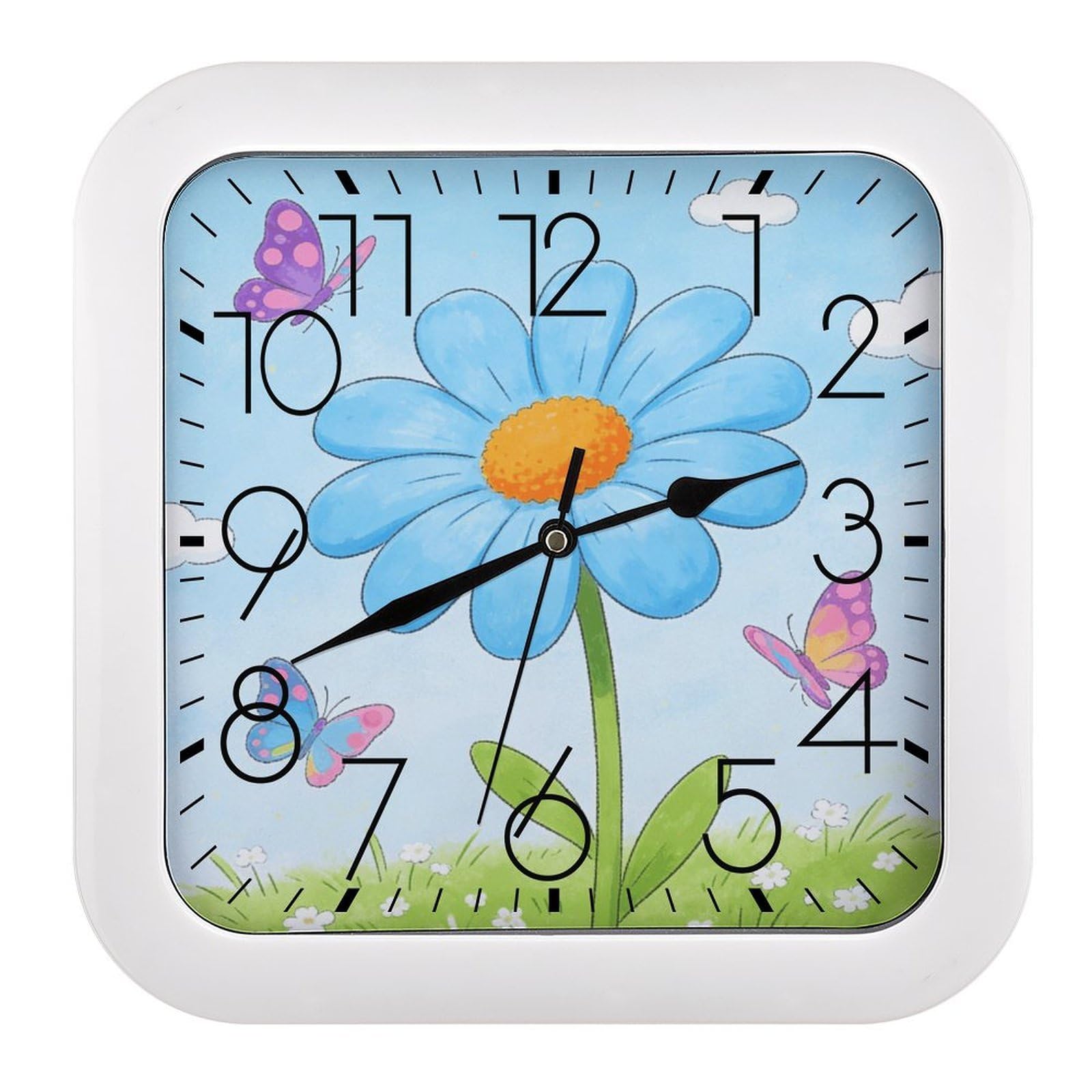LZQPOEAS Light Blue Daisy Square Wall Clock, 10.2 Inch Battery Operated Silent Non-Ticking Wall Clock, Square Analog Decorative Clock for Home Wall Art, Living Room, Bedroom, and Office