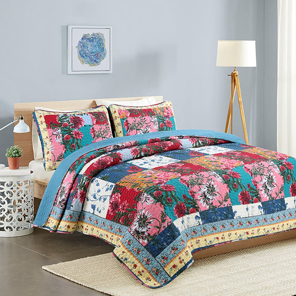 Sjdopulse A Patchwork Quilted Bedspread, Cotton Quilting Quilt, Color Checkered Pattern, Coverlet Set With 2 Pillowcases, For 1.5M Or 1.8M Bed, Machine Washable,