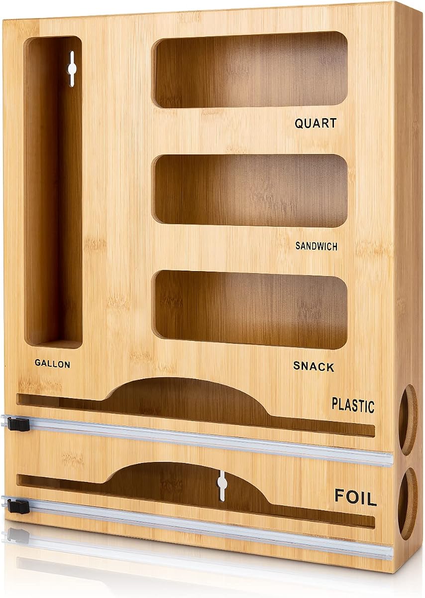 Storage Bag Organizer with Foil and Plastic Wrap Organizer , Aluminum Foil Dispenser with Cutter, Bamboo 6 in 1 Baggie Organizer Suitable for Gallon, Quart, Sandwich, Snack