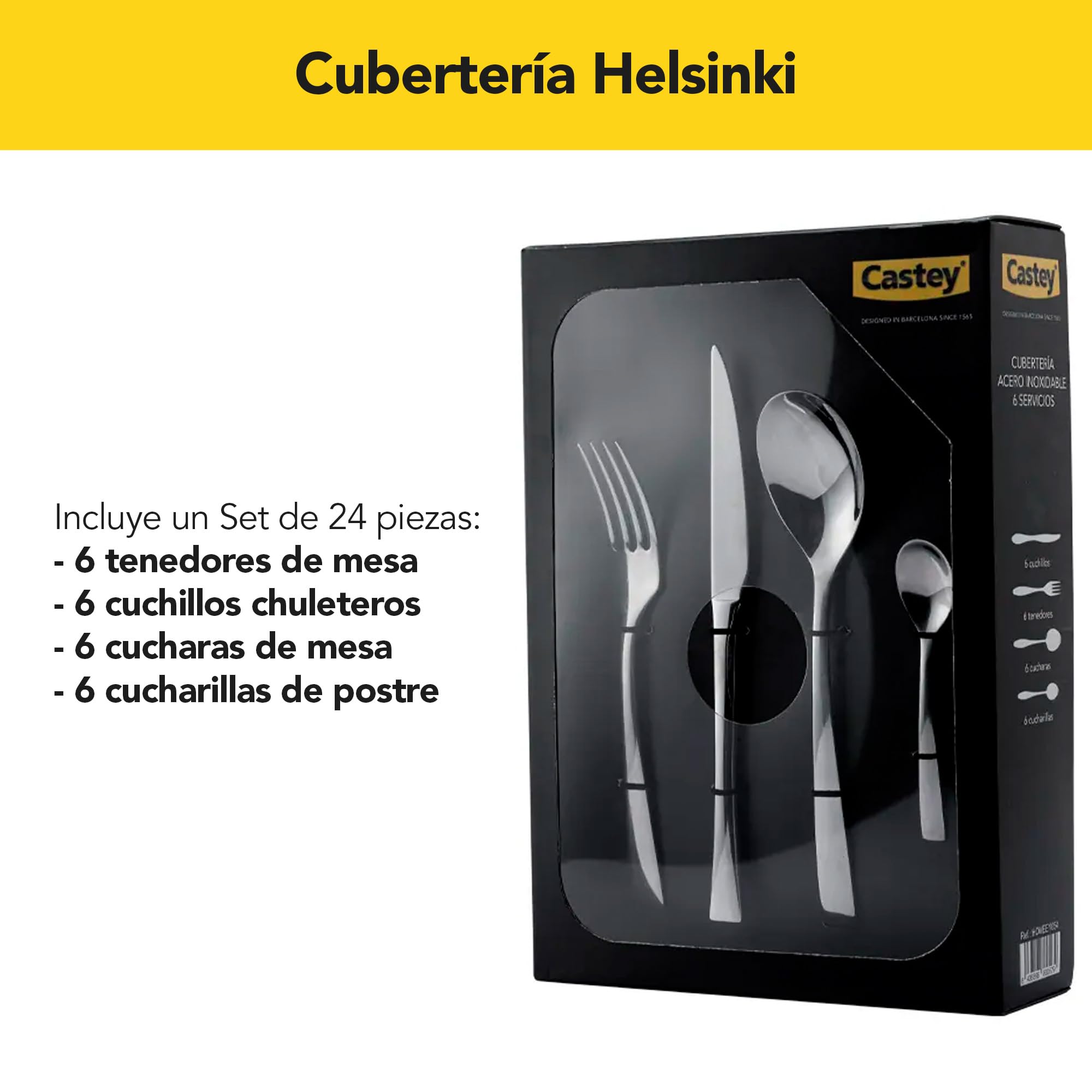 CASTEY - Cubertería Helsinki 24 Piezas, Acero Inoxidable, Diseño Escandinavo Minimalista, Acabado Pulido, Incluye 6 Tenedores, 6 Cuchillos Chuleteros, 6 Cucharas y 6 Cucharillas de Postre