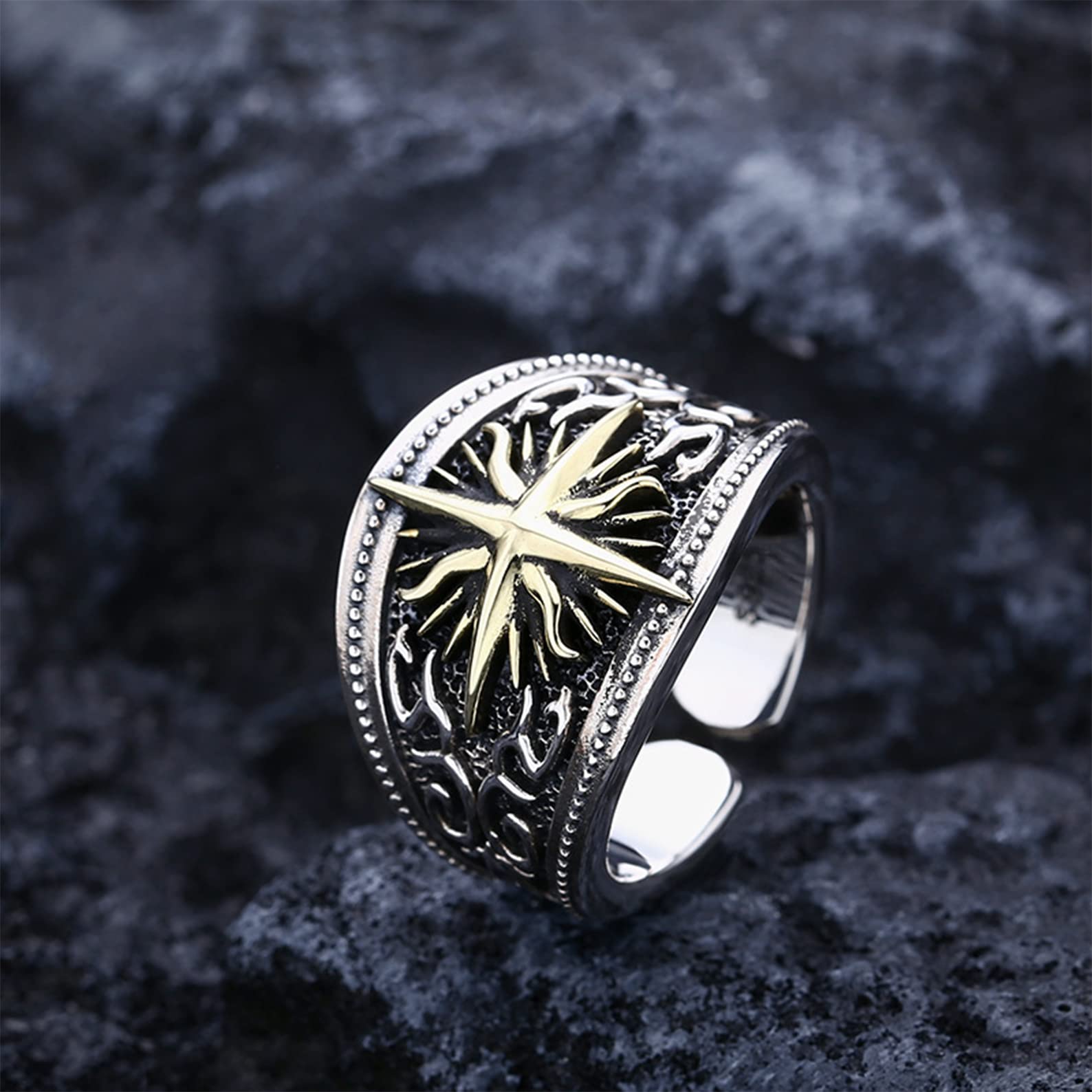 Anello vintage da uomo in argento sterling S925 placcato oro con croce e stella, fatto a mano, accessori per gioielli