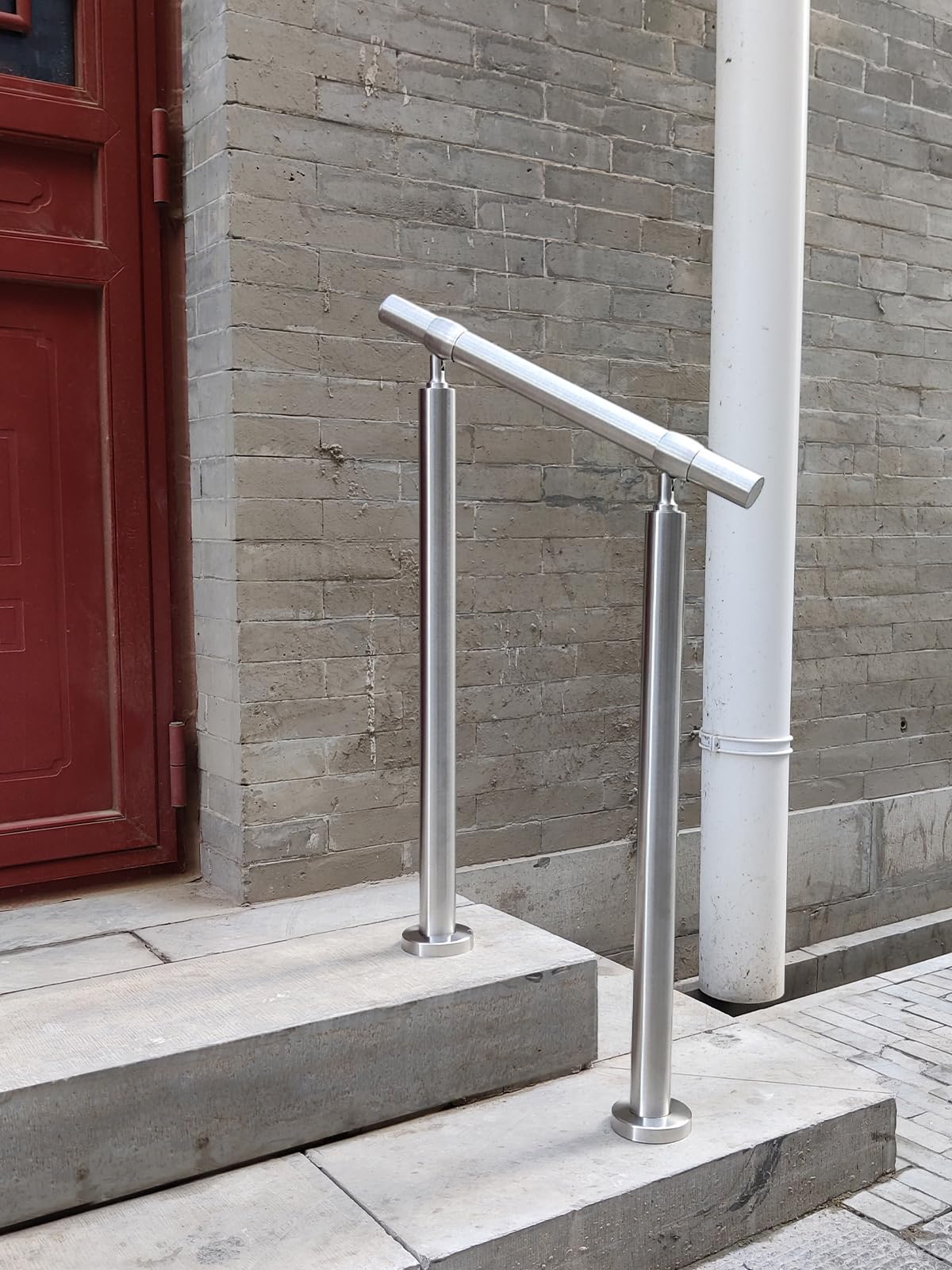2-stufiger Handlauf für den Außenbereich, DIY 304 Edelstahl, Übergangs-Handläufe mit Installationsset, silbernes Veranda-Treppengeländer für Beton, Ziegel oder Holzstufen, 66 x 91,4 cm