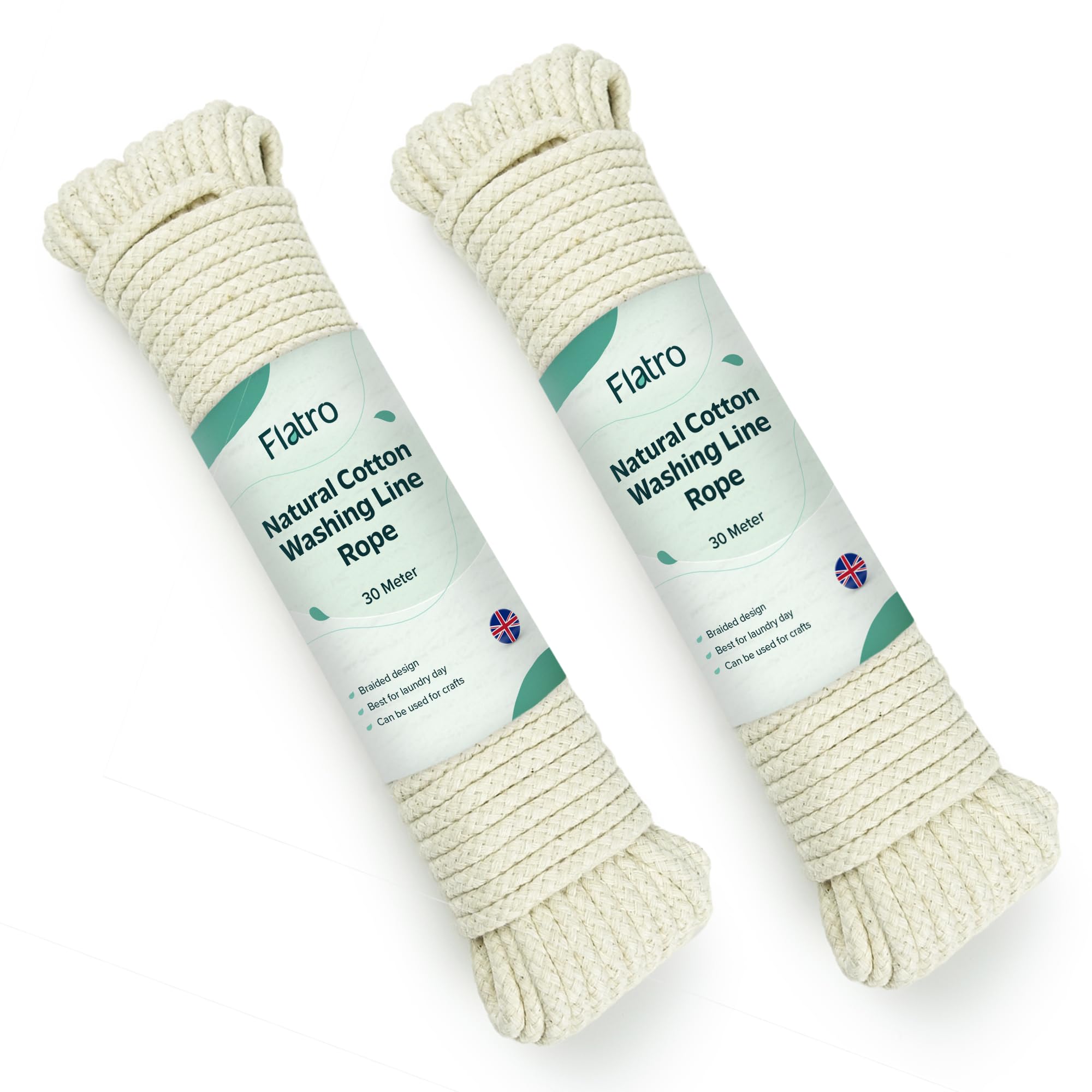 Flatro Beige Natural Cotton Clothes Line For Outside | Strong Braided Washing Line Rope (2 Pack) 30M/99Ft X 5.5Mm Thick Tear Resistant Clothes Lines For Outside | Washing Lines Outdoor | 130Kgs Pulling Force Rope