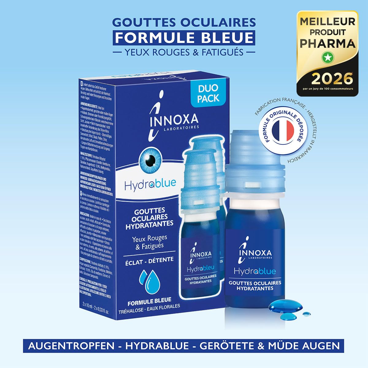 INNOXA Laboratoires - Blaue Formel Augentropfen - Aufhellung des Augenweiß – Befeuchtet gerötete und müde Augen – Originalformel – Made in France – Ohne Konservierungsstoffe - 2x10 ml