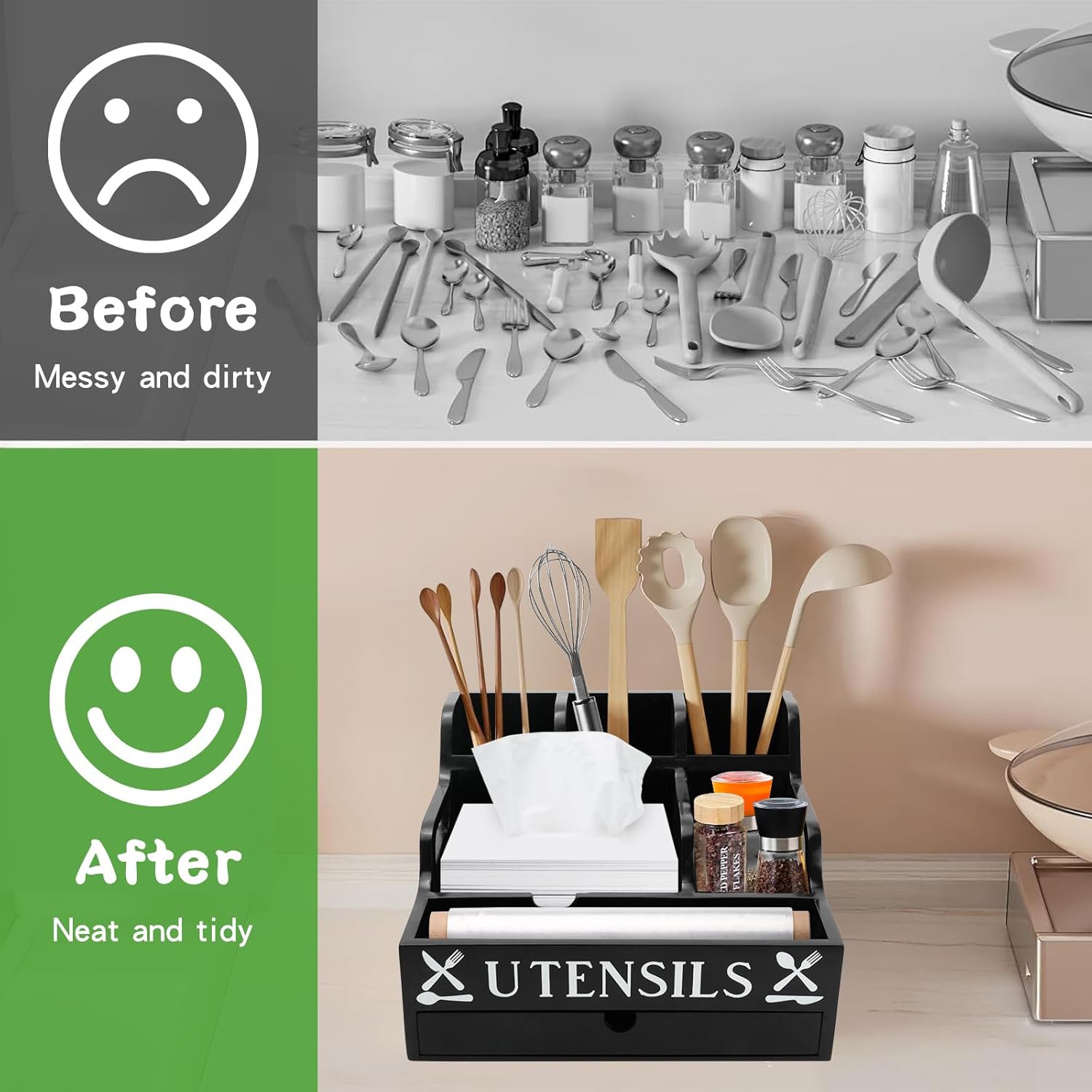 Kitchen Utensil Holder with Drawer, Farmhouse Spatula Organizer for Countertop,Large Capacity Flatware Spoon Forks Knives Cooking Tool Cutlery Holder for Party Picnic BBQ with 11 Compartments(Black)