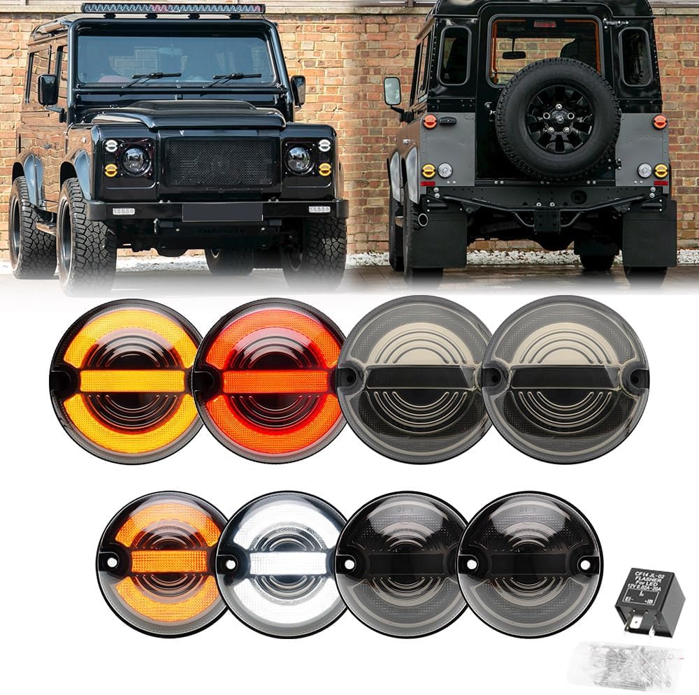 8pcs LED Indicator Light Tail Light Land Rover Defender 90 110 130 1995-2016 NAS Style LED Turn Signal Light & Parking Light with Relay 95mm 4*Yellow 2*White 2*Red LED Light Smoke Lens