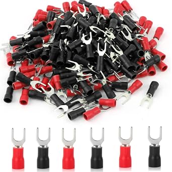 100Pcs 12-10 AWG #8 Insulated Fork Terminals U-Type Crimp Connector | Red Black Color Pack, 12-10 AWG Wide Fit, #8 U Fork Terminal Design, PVC Insulated Protection, Firm Crimp Circuit Connection