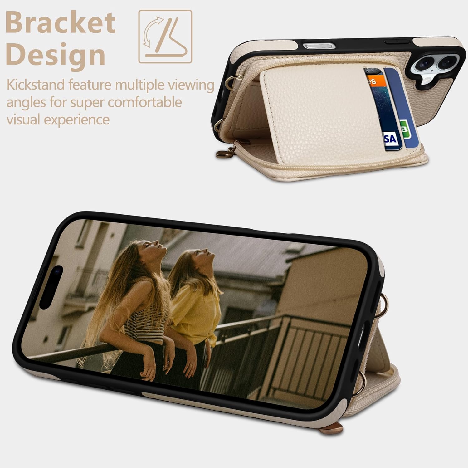 Keallce Case for iPhone 16 6.1'' Case Wallet, Crossbody Zipper Purse with RFID Blocking Card Slots Kickstand, Detachable Lanyard & Handstrap Flip Folio Leather iPhone Cover for iPhone 16, Beige - Image 6