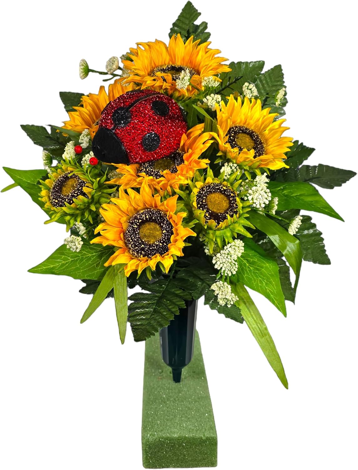 Yellow Sunflower Cemetery Flowers - Silk Faux Floral Arrangement Bouquet for Grave - Headstone Memorial Decoration