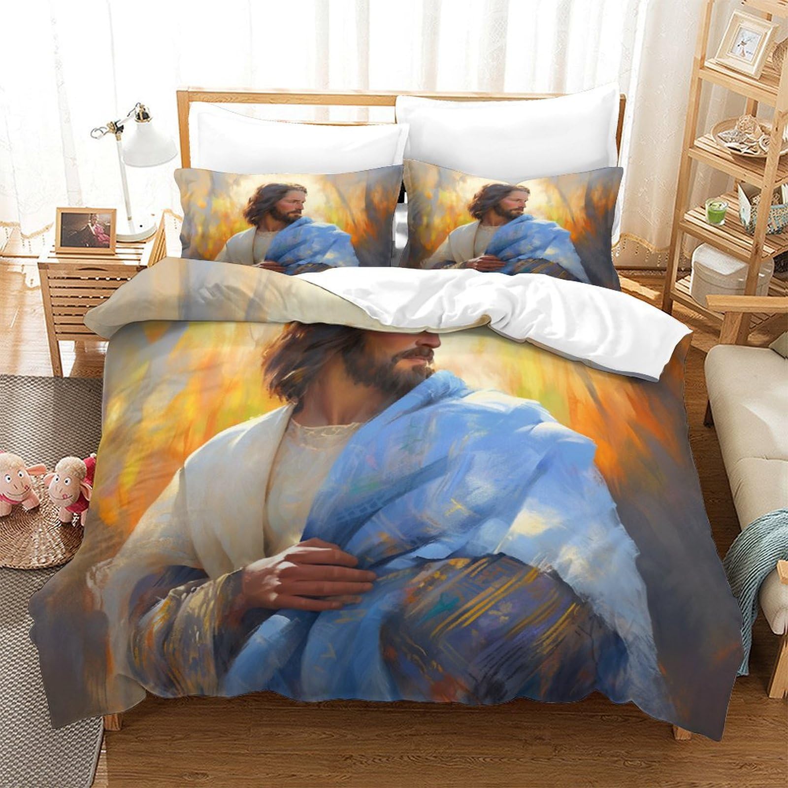 GAOYUCHUN Jesus 3Pcs Bedding Set Printed Quilt Cover,3D Duvet Cover for Boys Adult, Microfibre, with Pillowcases Easy Care Microfiber Comforter Cover Hidden Zipper Double（200x200cm）