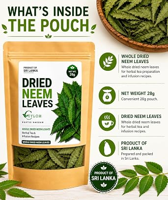 Dried Neem Leaves 28g, Whole Neem Leaves for Herbal Tea Preparation, Neem Leaf Tea, Margosa Leaves, Resealable Pouch, Product of Sri Lanka