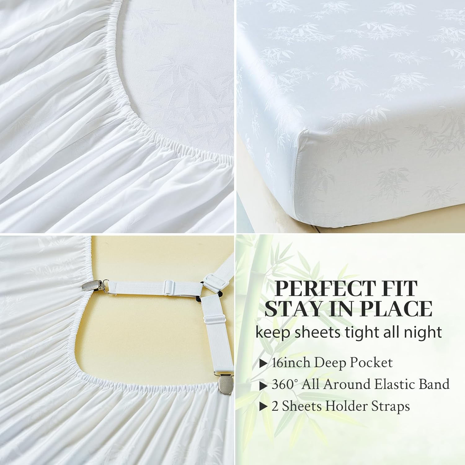 YIYEA 100% Viscose Derived from Bamboo Fitted Sheet with Pillow Cases for Hot Sleepers, 400TC Jacquard Cooling Fitted Bottom Sheet, 16" Deep Pocket, Silky Soft and Breathable, Full, White