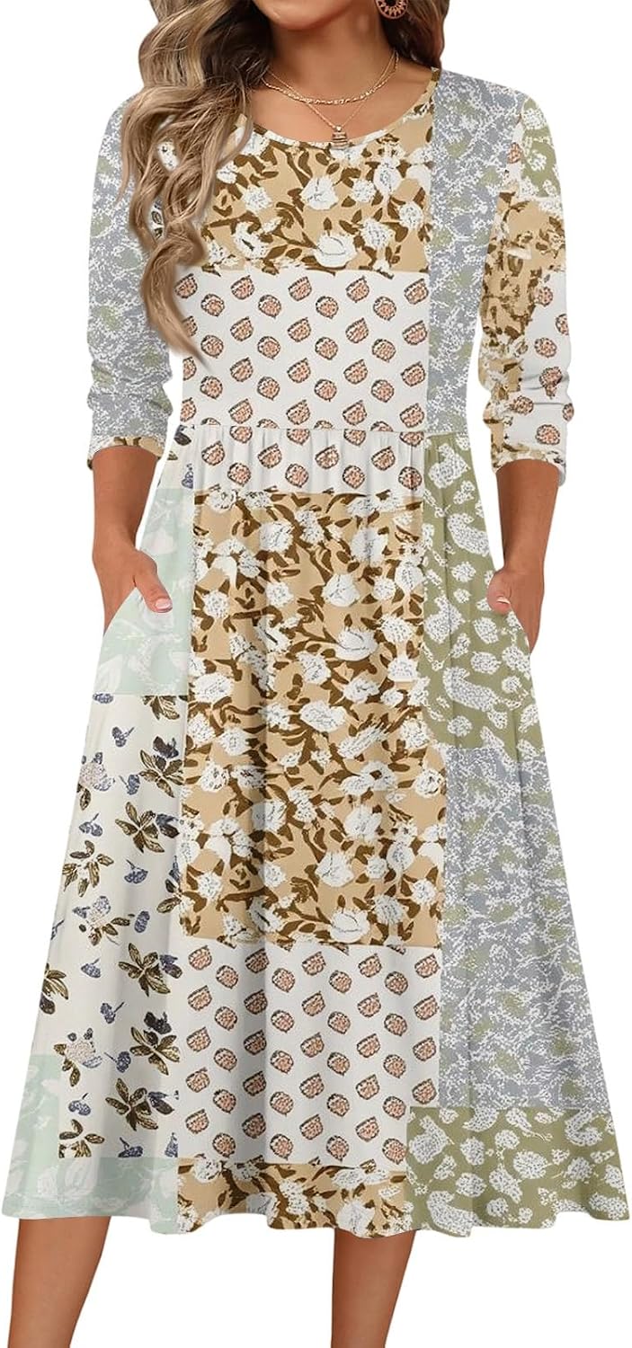 Midi Dresses for Women Summer Beach Vacation 3/4 Sleeve Casual Floral