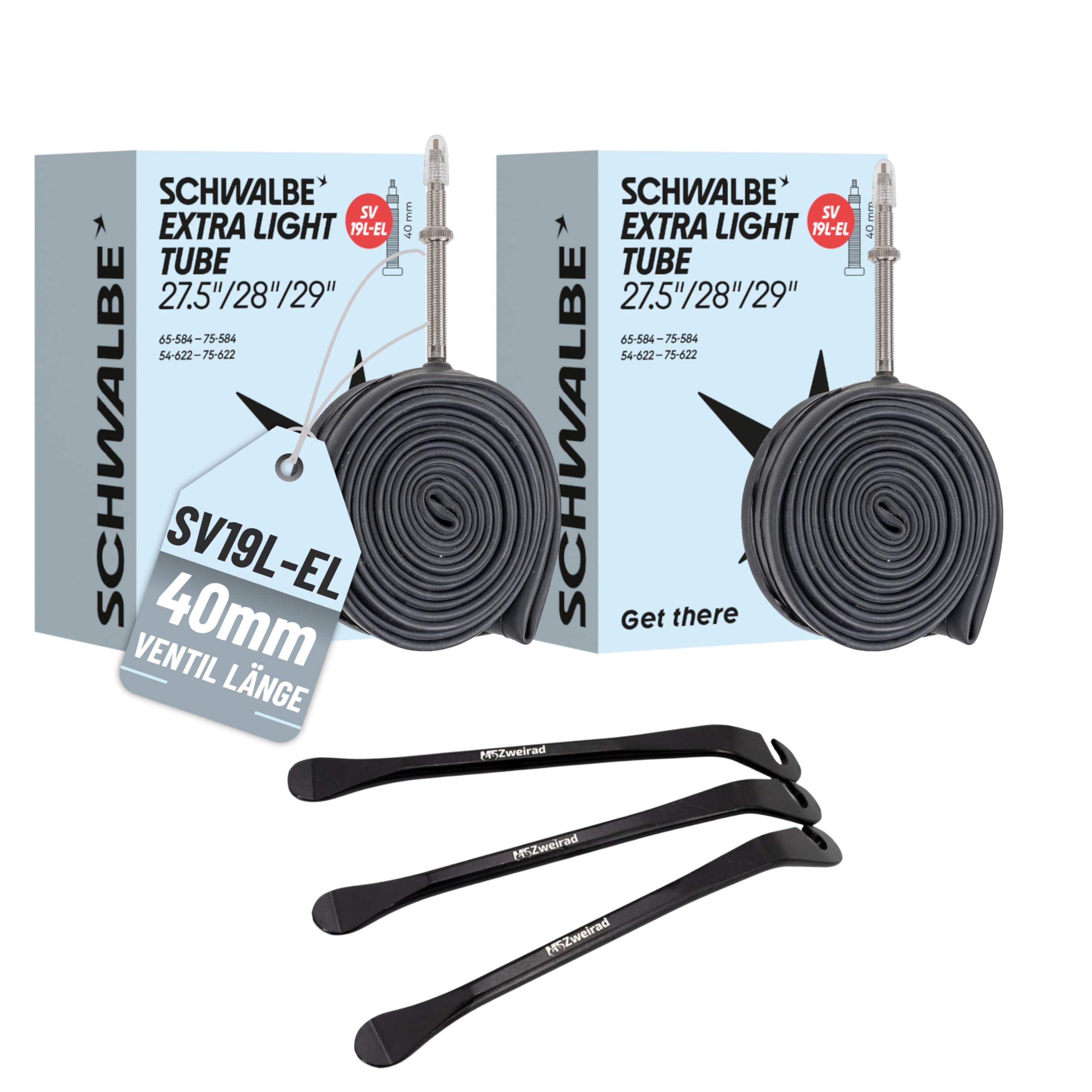 2er Set Schwalbe Fahrrad Schlauch SV19L-EL 40mm 27,5"/28"/29" Zoll (54-75/584-622) inklusive 3 MSZweirad Reifenheber