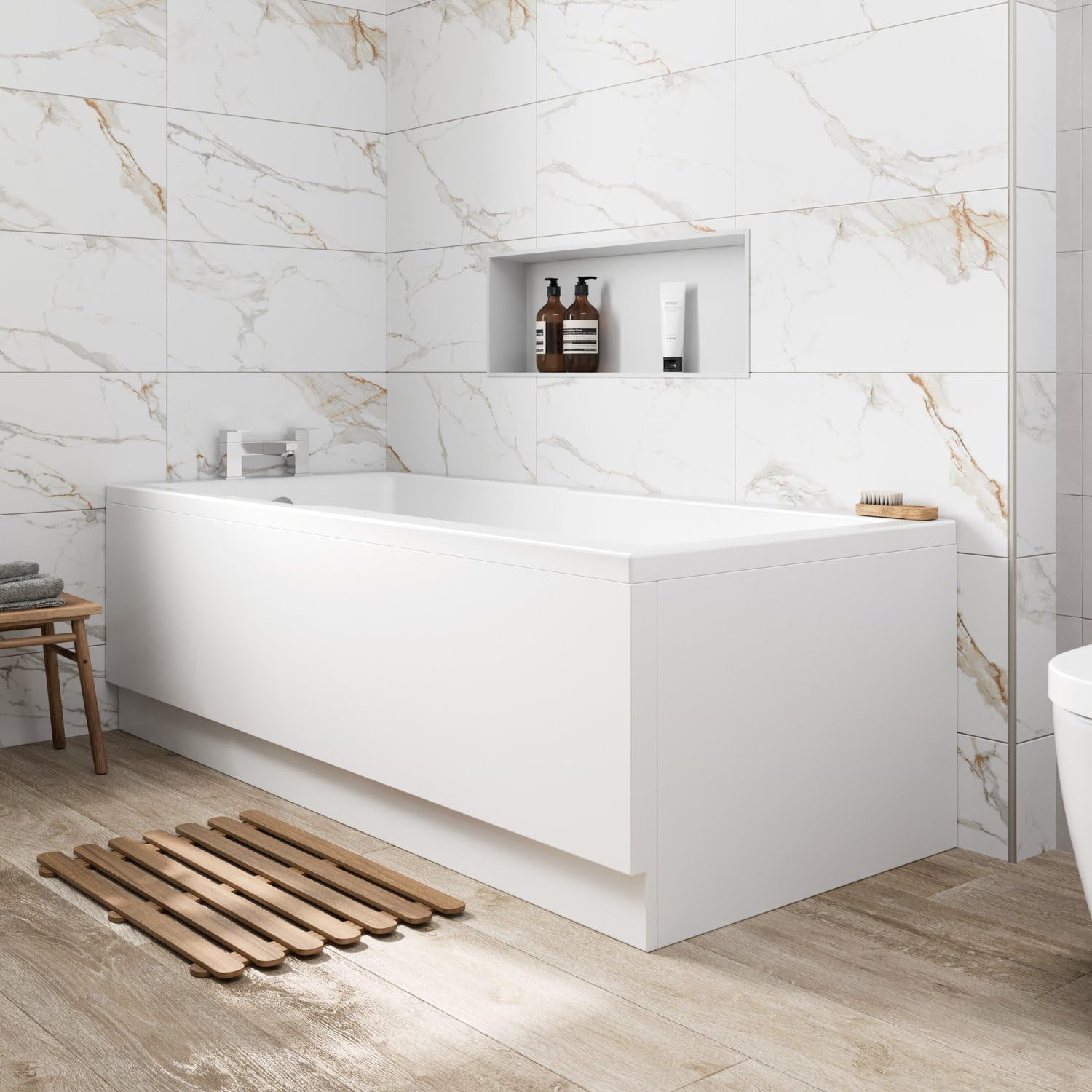 Baystone White Baystone® 1700 X 750Mm Single Ended Straight Shower Bath Tub With Side & End Panel Gloss Acrylic Luxury For Bathroom Alcove Corner Modern