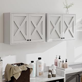 YOURLITE 24" Farmhouse Wall Mounted Storage Cabinet Set of 2, Bathroom Kitchen Laundry Medicine Organizer Over Toilet, White