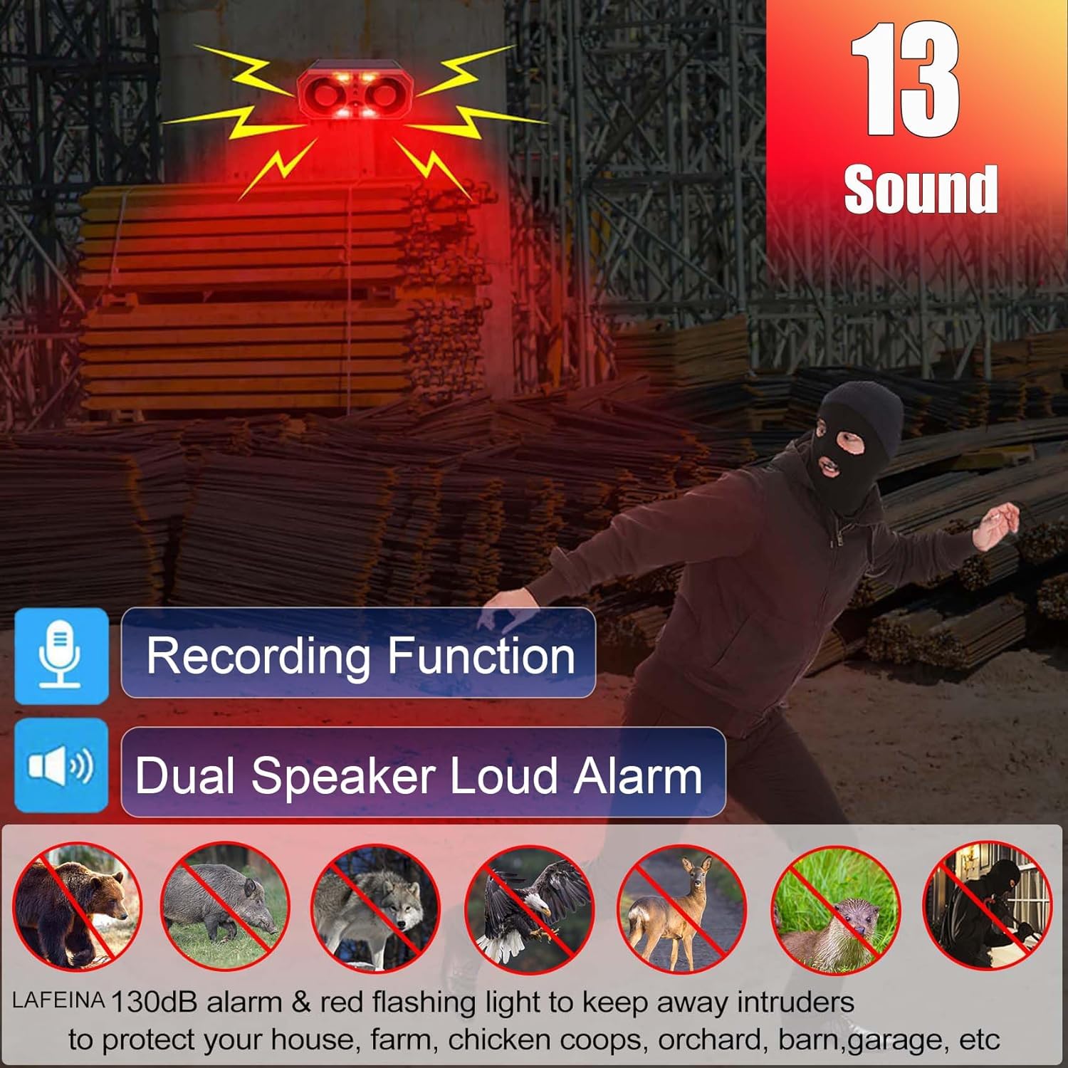 Solar Bewegungsmelder Alarm mit 13Sounds & Aufzeichnung & Einstellbare Lautstärke,130db Dual Lautsprecher Schussgeräuschen Hundegebell Sound Stroboskoplicht,Sirene und Strobe Alarm (1)
