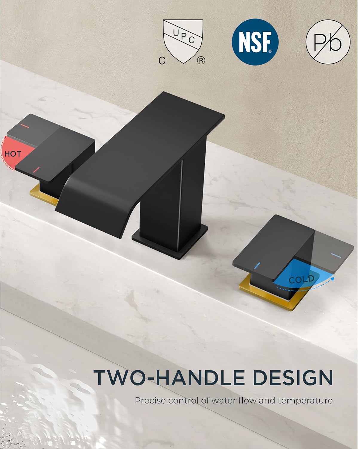 FORIOUS Black and Gold Bathroom Faucet 3 Hole, 2 Handles 8 Inch Widespread Waterfall Bathroom Sink Faucet with Metal Pop-Up Drain and 24" Water Hoses, for Vanity RV Restroom - Image 3