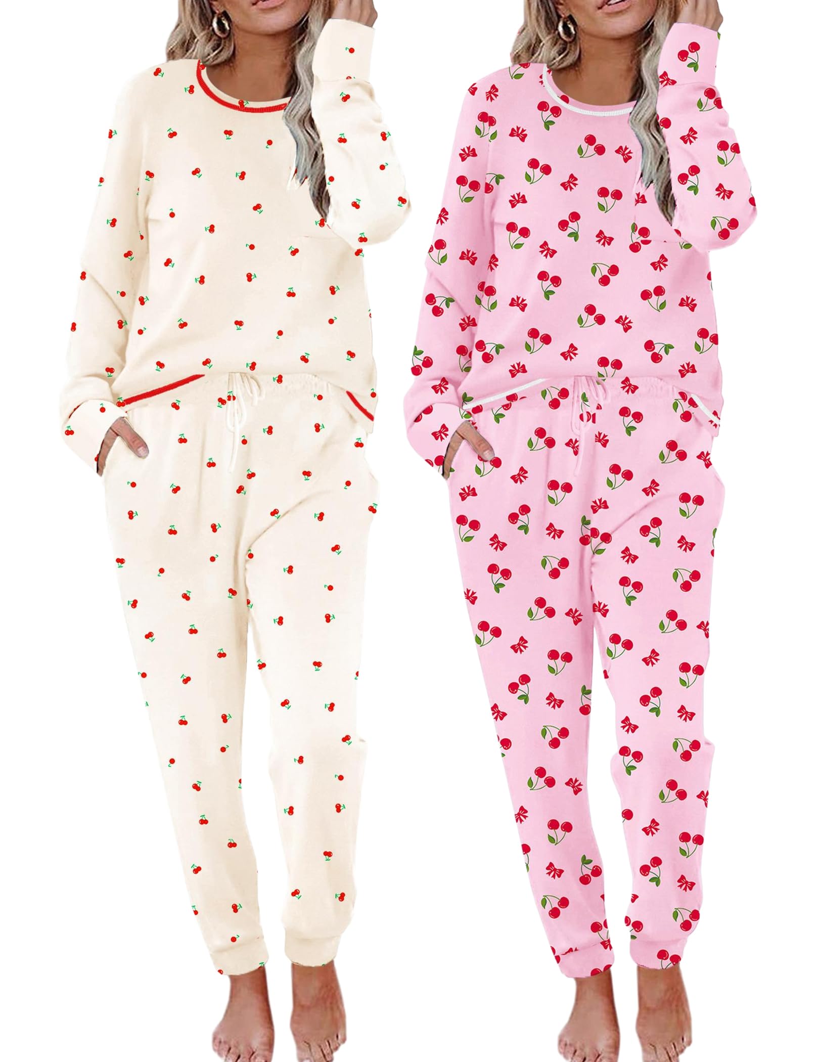 Ekouaer 2 Pack Womens Pajama Sets Long Sleeve Lounge Sets Soft Pj Loungewear Sleepwear