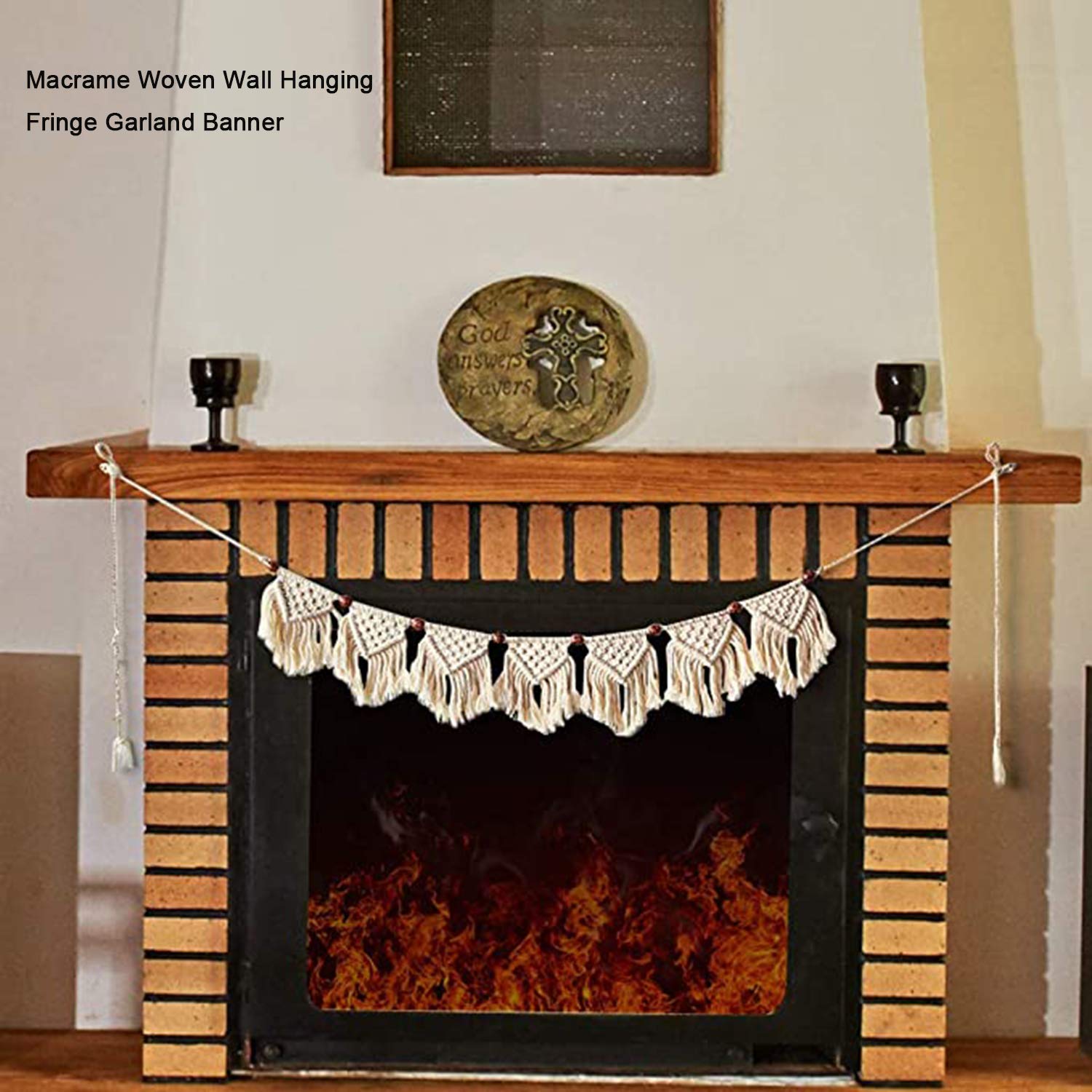 Macrame Colgante de Pared Franja Guirnalda Bandera Bohemia, Cuerda de algodón Hecha a Mano Borla Tejida Tapiz de Pared decoración del hogar para el Dormitorio Boda,White