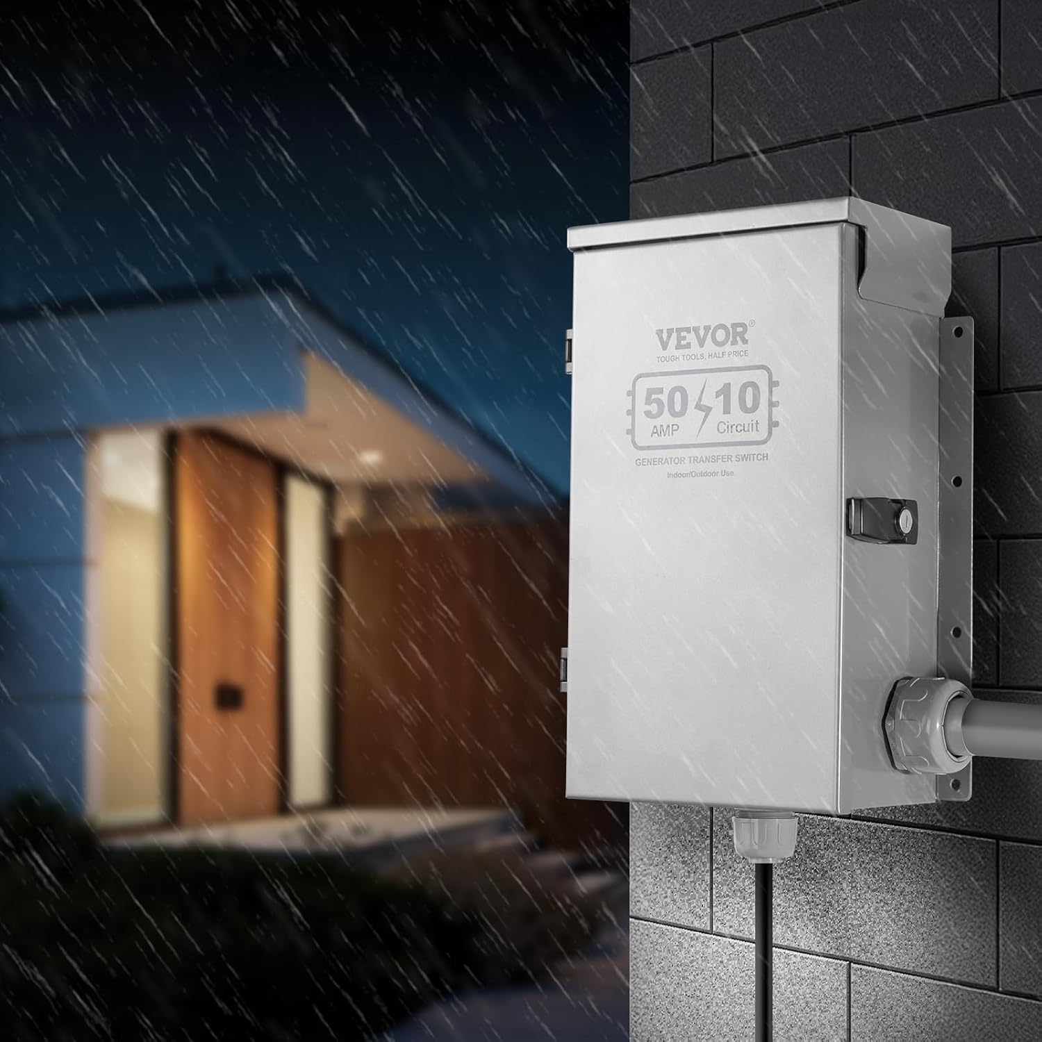 VEVOR Manual Transfer, 50-Amp 10-Circuit, Prewired Generator Transfer Kit with CS6375 Plug Power Inlet Box, Double-Throw, NEMA 3R, Mechanical Watt Meter, for 12500W Generators