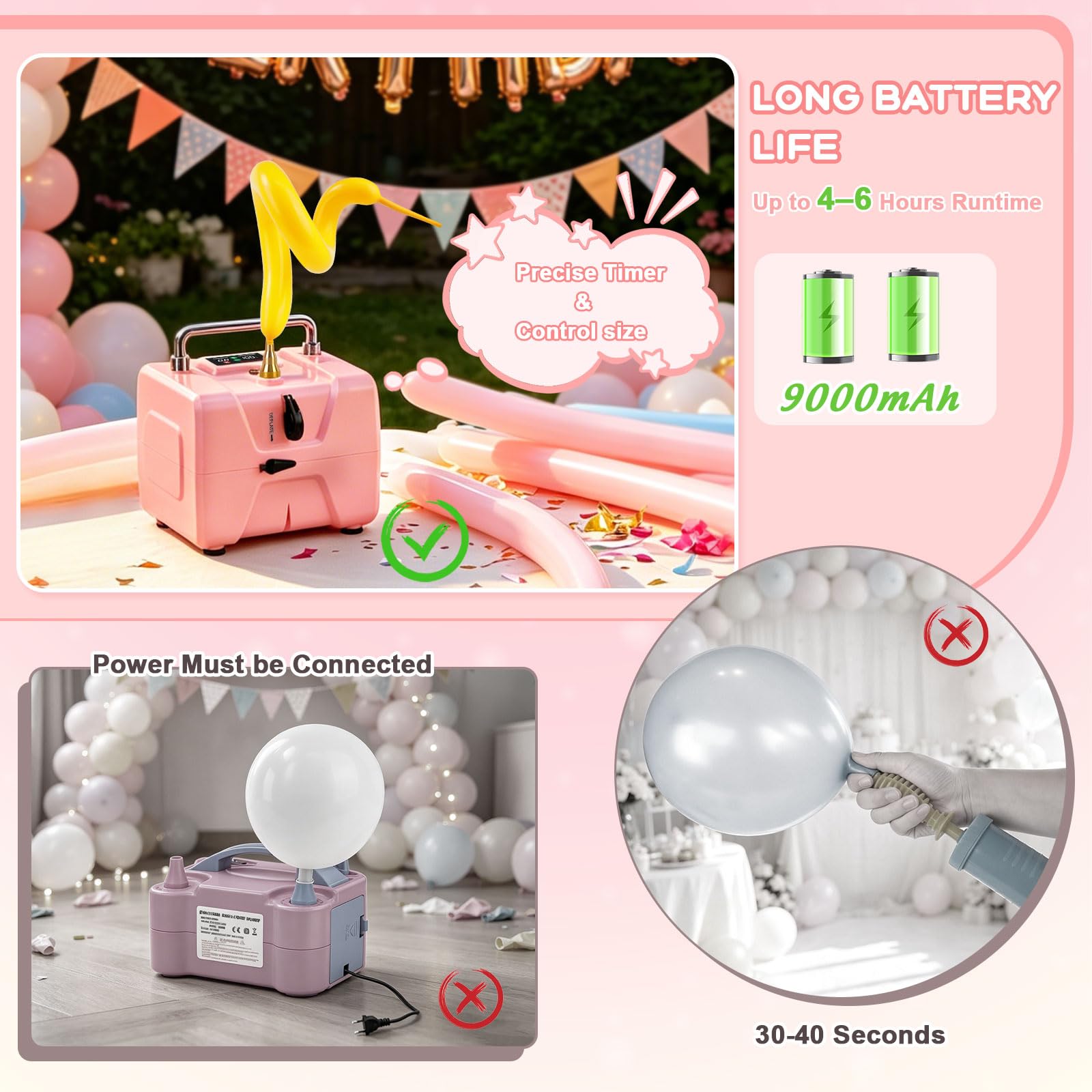 Pompa elettrica professionale per palloncini con timer e batteria, 8000 mAh ricaricabile, pompa ad aria silenziosa per palloncini in lattice da 160/260 e 5-18 pollici, strumento per decorazione feste