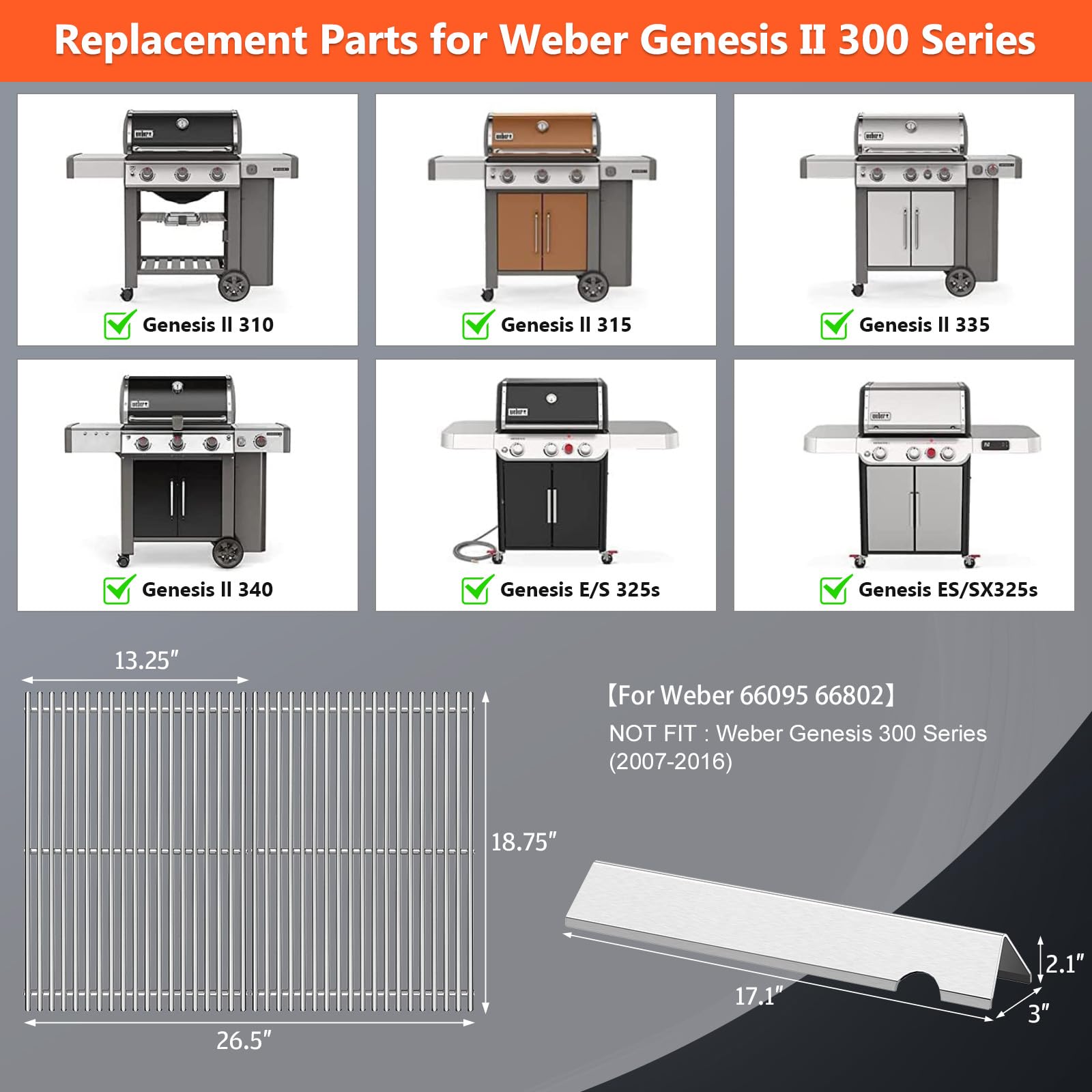 Ruszty do grilla, 47,6 cm i drążki aromatyczne Genesis II części zamienne do Weber Genesis II 300 / LX 300, GS4 Genesis II E-310 E-315 S-335 Series Grill 66795 66095 części do grilla
