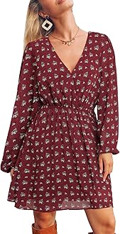 CUPSHE Women's Floral Print Chiffon A-Line Mini Dress Long Peasant Sleeves Elastic Autumn Dress