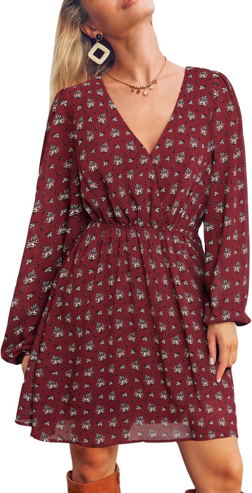 CUPSHE Women's Mini Dresses Casual Spring V Neck Chiffon Long Peasant Sleeves Flowy Spring Dress