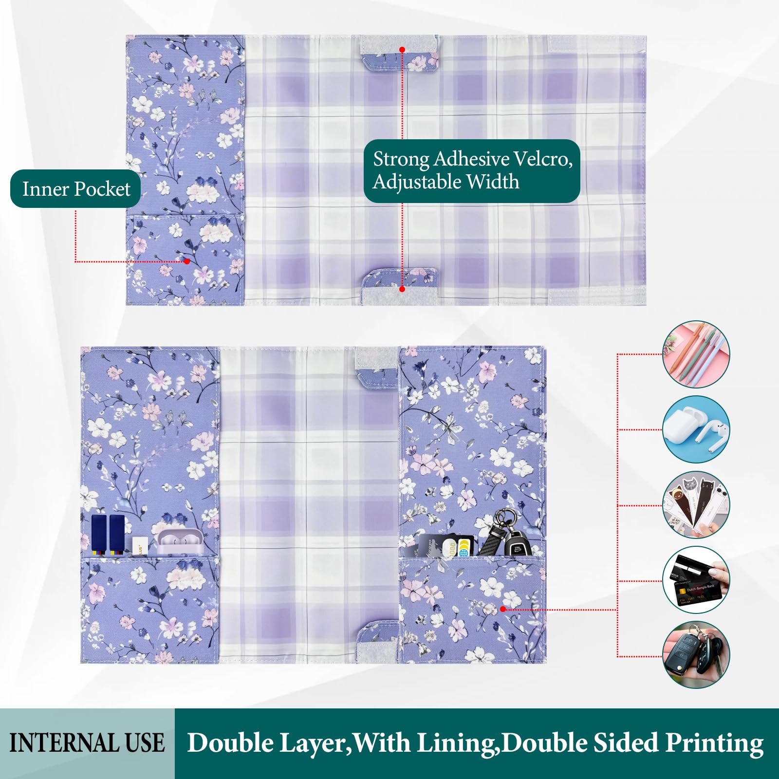 Fundas ajustables para libros, protector de libros de tela de lona lavable con bolsillos, marcapáginas, doble cara con estampado floral, funda para libro de tapa dura, novelas, libros de texto,