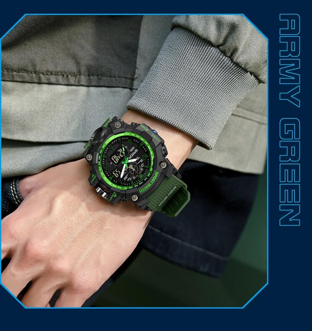 Gosasa Military Style Digital Analog Watch, Large Face 2.2", 50m Water Resistant, Dual Time Zone, Alarm, LED Backlight, Stopwatch, PU Strap - Image 3