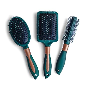 3Pcs Luxury Hair Brush Set, Premium Style Round Oval and Paddle Hair Brushes for All Hair Types Forest Green