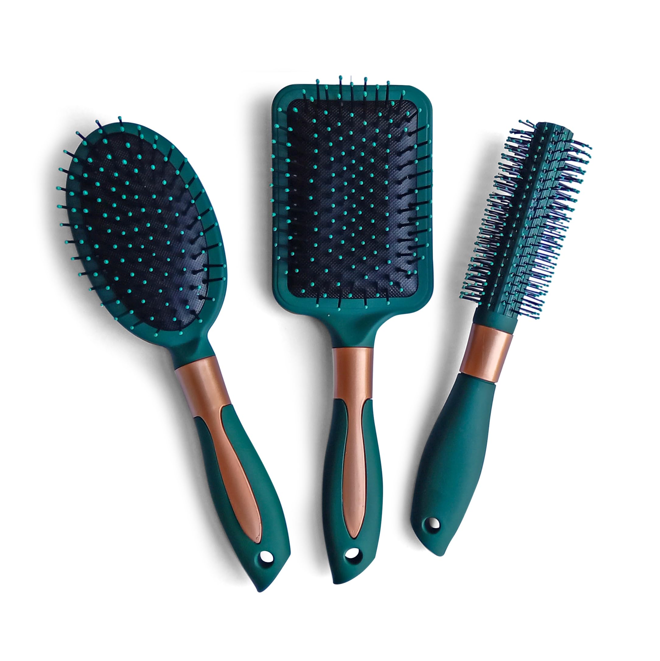 BeaverStrong 3Pcs Luxury Hair Brush Set, Premium Style Round Oval and Paddle Hair Brushes for All Hair Types (Forest Green)