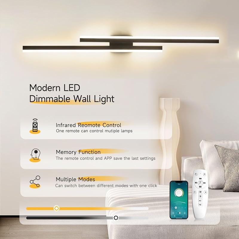 SUCIKORIO 100 cm LED Fali Lámpa - 48W Fekete Minimál Dizájn, 3000K-6500K Szabályozható Fényerő, Távirányítós és Applikációs Vezérlés Nappali