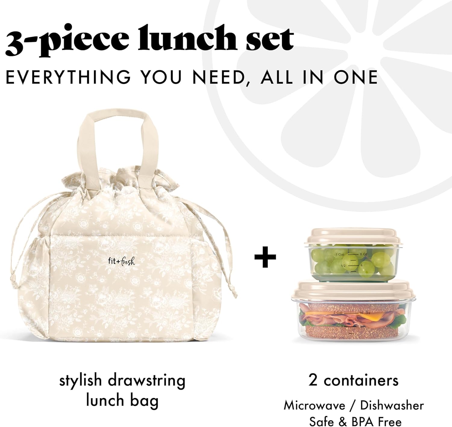 Fit & Fresh Cromwell Drawstring Lunch Bag for Women, Complete Lunch Set with 2 Containers, Stain-Resistant, Leak-Resistant, Teacher Lunchbox, Tan Floral Toile