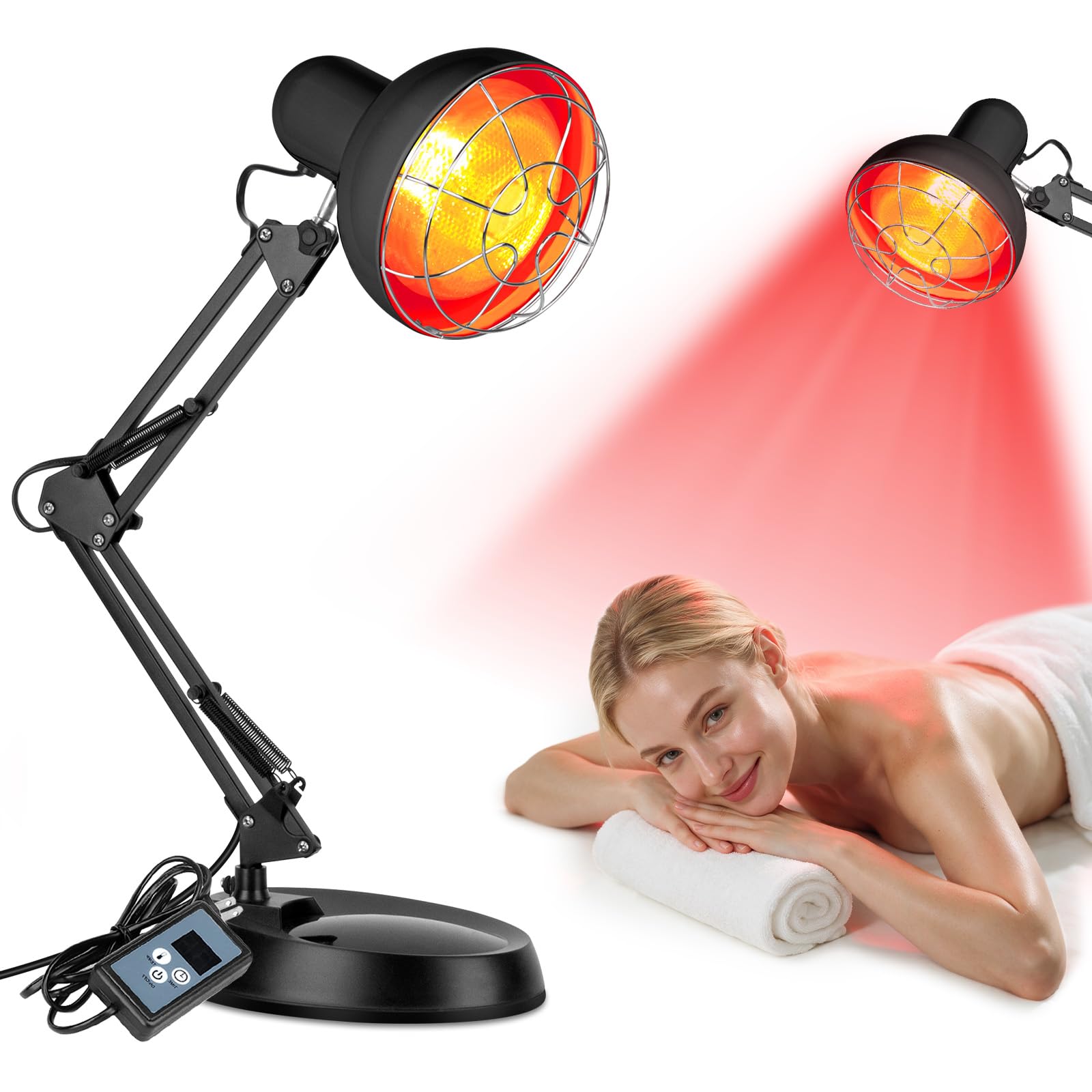 Lámpara de luz roja 150 W para uso doméstico, 10 niveles de temperatura + 12 niveles de temporizador, regulable en múltiples direcciones – **Negro**