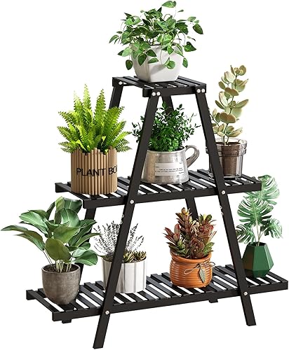 GHWIE - Soporte para plantas de interior, estante de bambú para plantas de exterior, soporte de 3 niveles con escalera para flores, para sala de