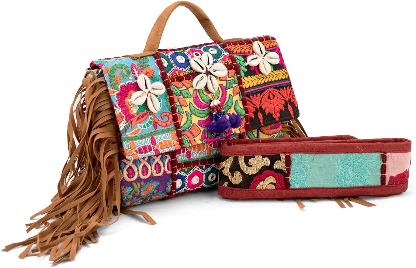 Goatter Handtooledアソートデザインマルチカラーバンジャラスリングとクロスボディバッグ 女の子と女性向け