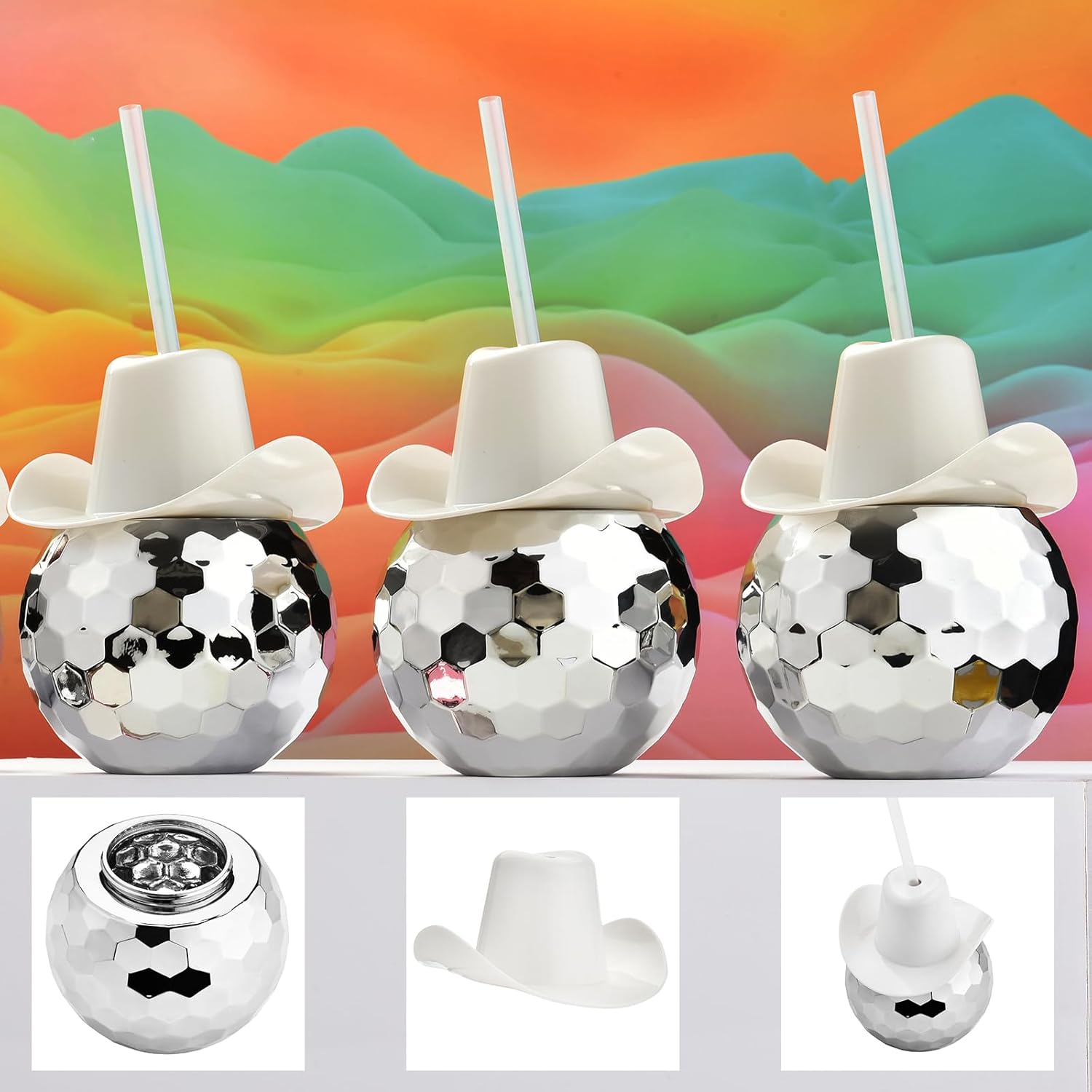 ALINK Disco Ball Cups with Cowboy Hat Lids and Straws, 20 OZ Silver Sparkly Disco Party Tumbler, Novelty Cups for Hen Bachelorette Party, Bride Shower Decorations, Pack of 2 - Image 3