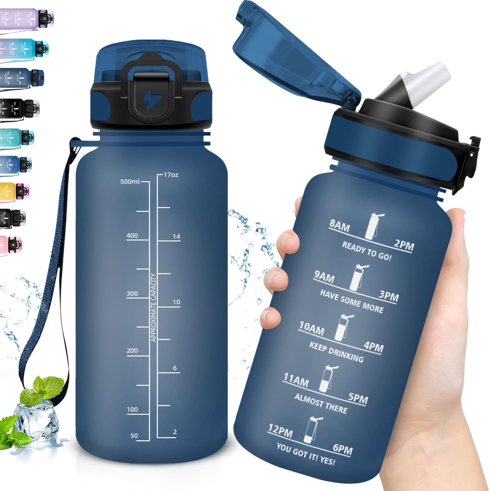 Grsta Kids Water Bottle, Easy to Carry 0.5 Litre Water Bottle with Time Scale, Leak Free Straw Bottle Motivational for Schools, Camping, Offices