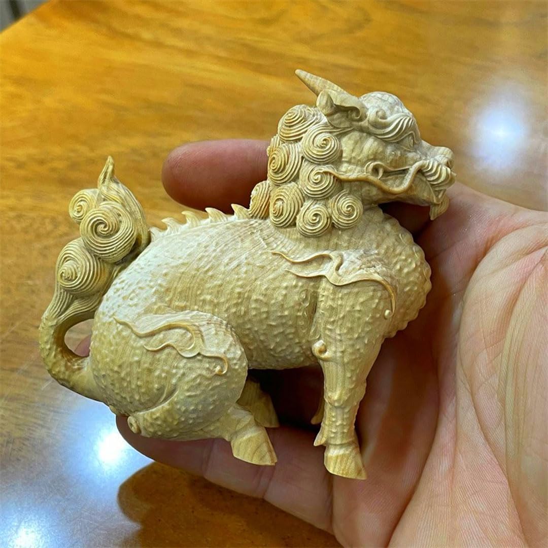 装飾品　置物 麒麟 置き物 風水 2体セット 高級天然ツゲ木彫り 運気アップ 金運 中古