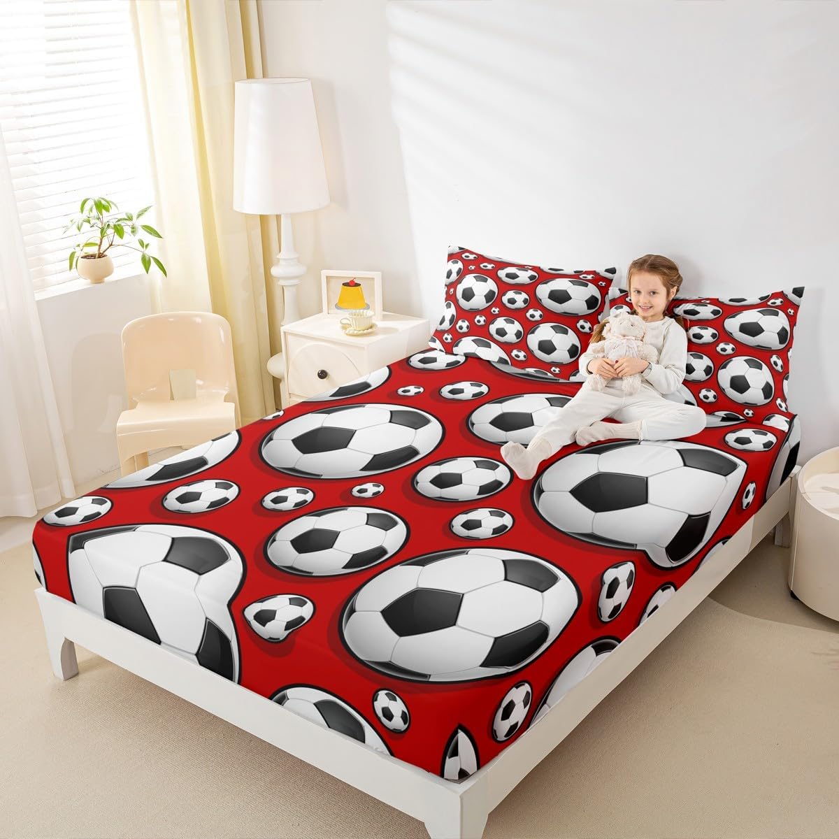 Football Bedding Sheet for Girls Boys Children Sports Theme Fitted Sheet Soccer Ball Red Pattern Bed Sheet Set Room Decor Competitive Games Comforter Cover 3D America Football Twin Size 2Pcs