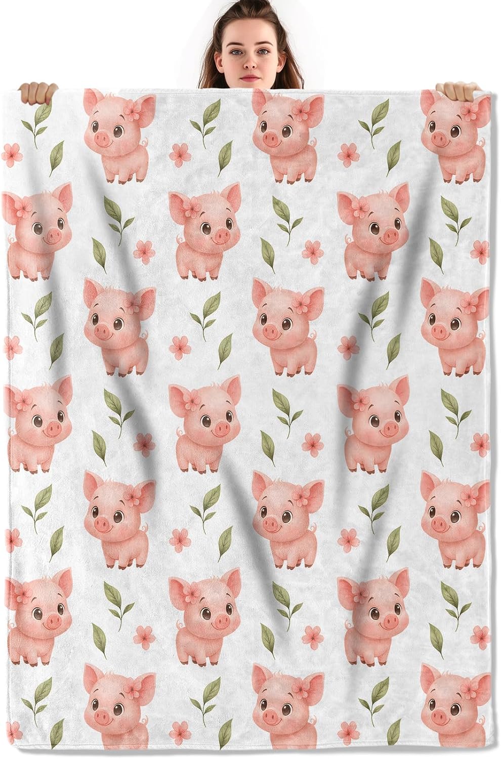 Cute Piglet with Floral Throw Blanket, Lightweight Warm Flannel Blankets, Home Decor and Gifts, Soft Cozy Throws for Women Girls Kids, 50"X60" for Bed Couch Travel Office