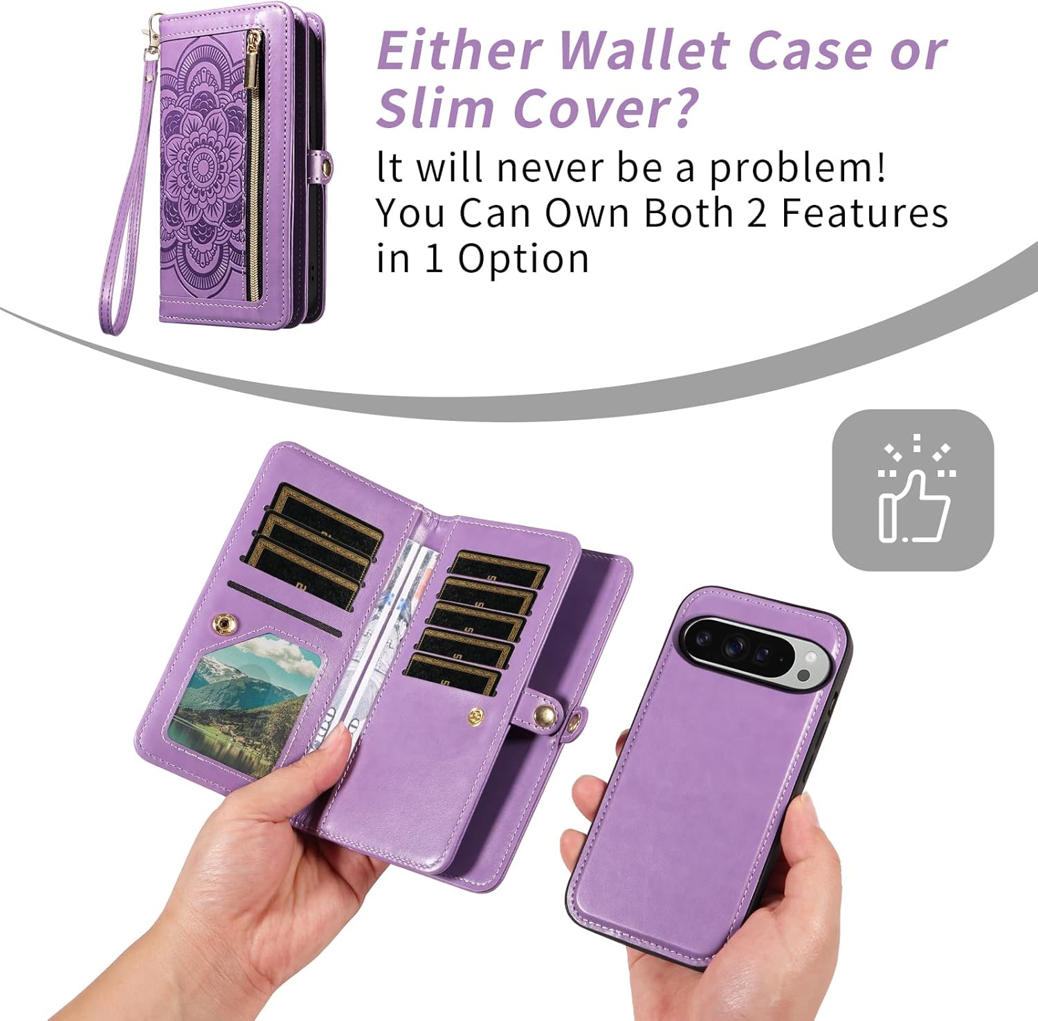 Asuwish Phone Case for Google Pixel 9 Pro XL Zipper Wallet Magnetic Detachable Cell Cover with Tempered Glass Screen Protector Crossbody Strap Flower Card Holder Pixel9 9Pro 9ProXL Nine Women Purple