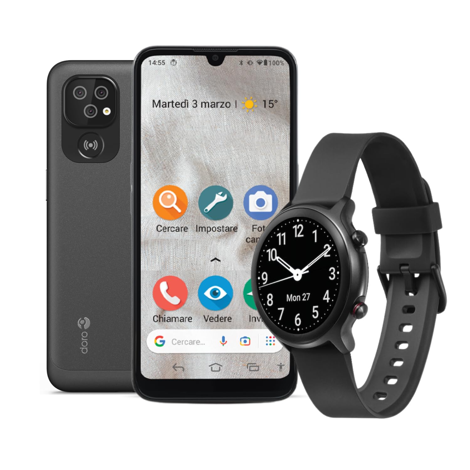 Doro 8100 + Smartwatch - 4G Smartphone Anziani - Cellulare Facile Anziani - Resistente all'Acqua - Fotocamera 13MP - Display 6.1" - Tasto Assistenza - Orologio Fitness - Uomo - Donna (Nero+Nero)