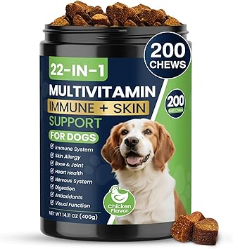 22-in-1 Dog Vitamins and Supplements 200 Chews Dog Multivitamin Chewable Containing Omega-3 Quercetin Probiotics Multivitamin for Dogs Beneficial for Joint Skin Coat Immunity Intestinal Digestion