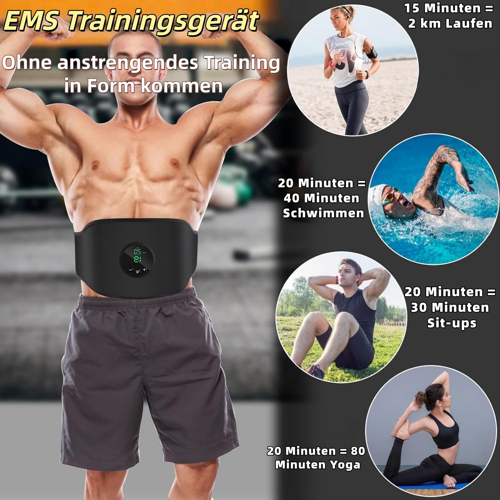 Apeborn Nächste Generation Ultrastarker EMS-Muskel & Bauchmuskeltrainer, 3er-Set EMS-Bauchtrainingsgerät,12 Trainingsprogramme&19 Intensitätsstufen,USB-aufladbar,Geeignet für Bauch und Arme